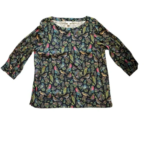 J. Jill Navy Bird Floral Print Top Turquoise Accent Boho Flowy Blouse (Size L) - Picture 3 of 7